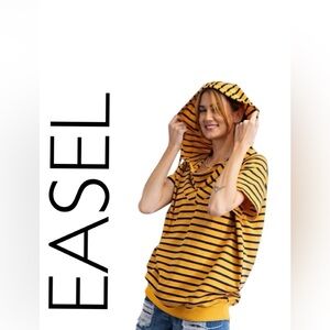 Easel Oversized Mustard and Navy Striped Short Sleeve Hoodie